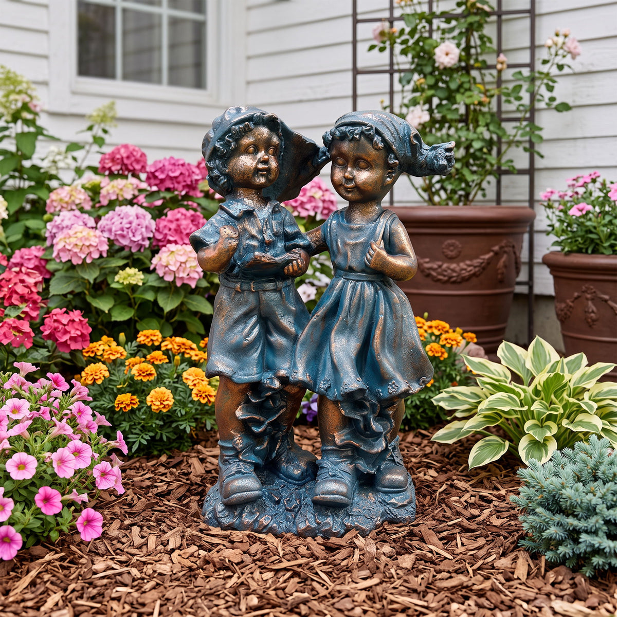 Boy And Girl Statues Garden Lawn Ornaments For Indoor Outdoor Use - Blue Multi / Brown