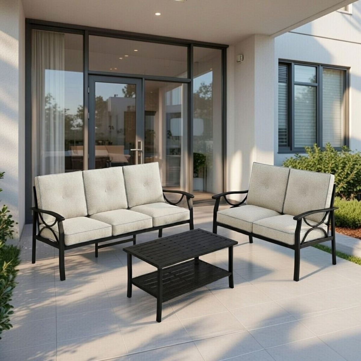 3 Piece Patio Furniture Set With Thick Cushions, Coffee Table For Backyard - Gray / Black