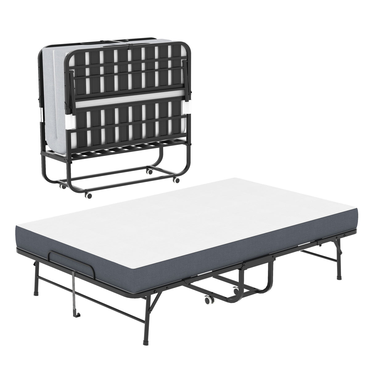 Twin Wide Folding Bed For Tall People, Extra Long & Wide Rollaway With Memory Foam, Heavy-Duty - Black