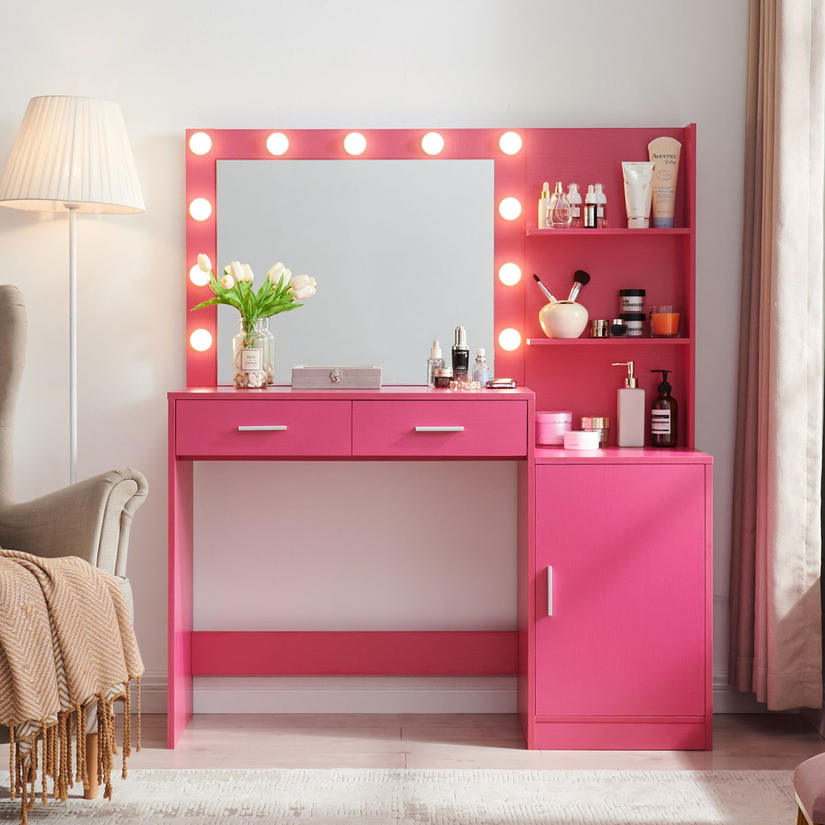 Tocador con espejo e iluminación, tocador de 128 cm con 2 cajones grandes y organizador vertical grande, 3 niveles de altura y 3 modos de iluminación con brillo ajustable, ideal para dormitorio.