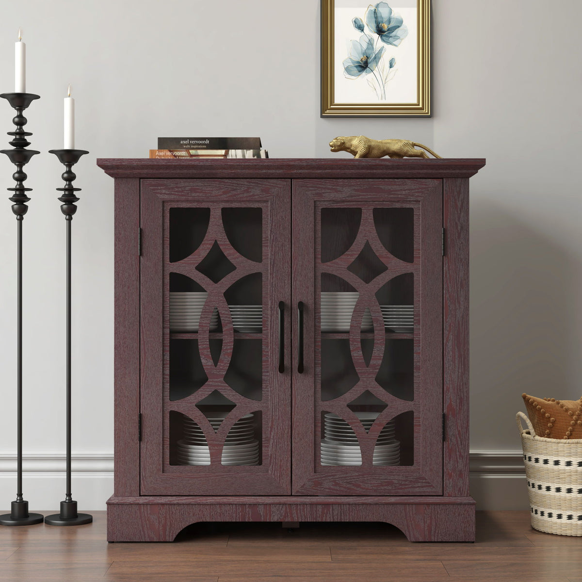 Modern Sideboard With Tempered Glass Doors - Ox Blood Red