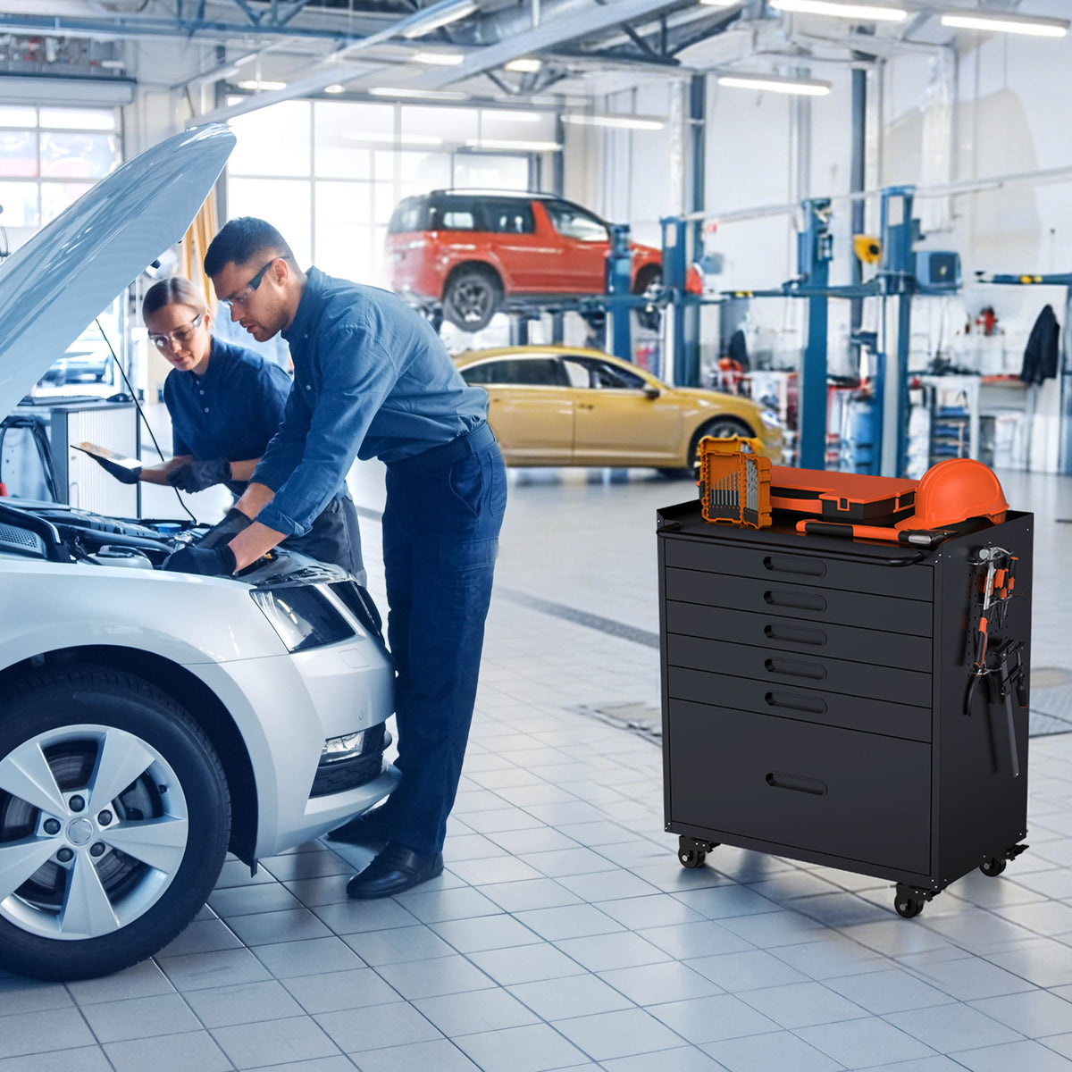 Rolling Tool Cabinet Heavy Duty Garage Storage With Lockable Doors & Drawers