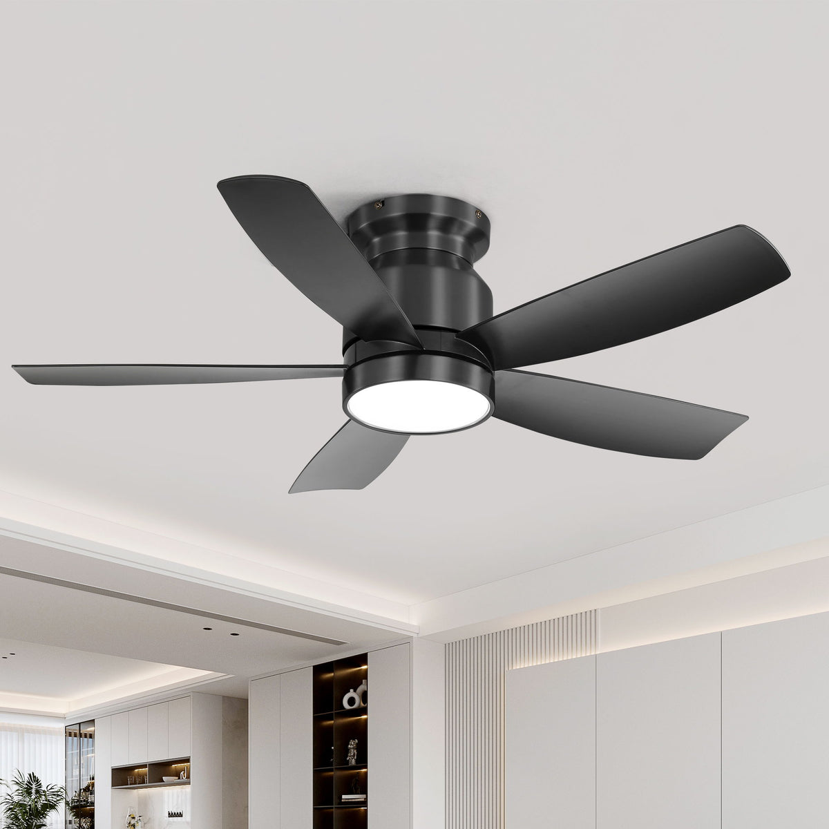 Flush Mount Ceiling Fan With LED Light 22W And Remote Control Blades For Indoor Use - Black
