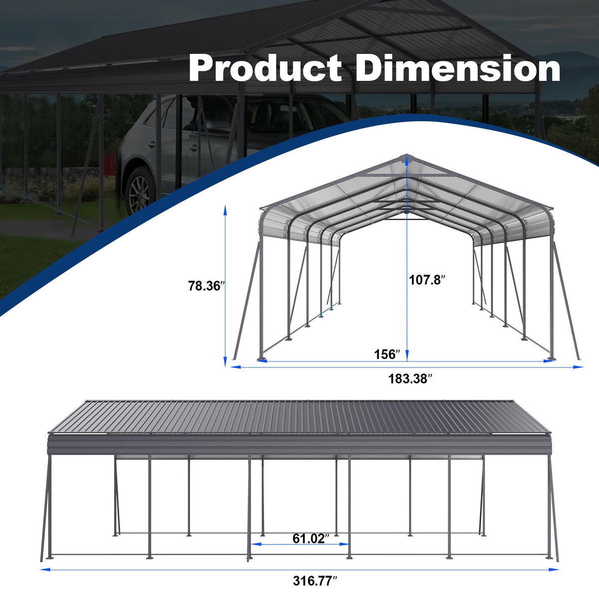 Metal Carport 13 X 26.5 Ft Heavy Duty With Galvanized Steel Roof Metal Garage Canopy With Galvanized Steel Roof & Frame Car Tent Outdoor Storage Shed For Car Boats And Truck - Gray