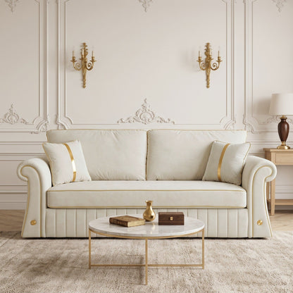 Sofa With Rolled Arms, 3 Seater Couch, Living Room Accent - Cream White