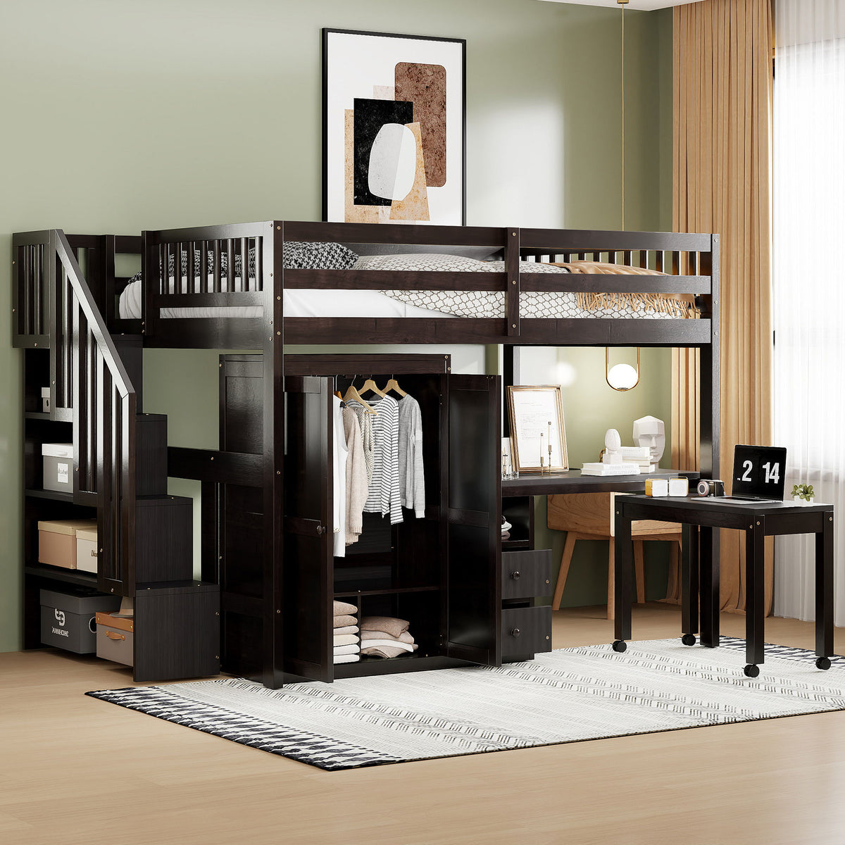 Full Size Loft Bed With Stairs, Bookshelf, Drawers, Desk & Wardrobe, Space Saving Multifunctional Furniture - Espresso