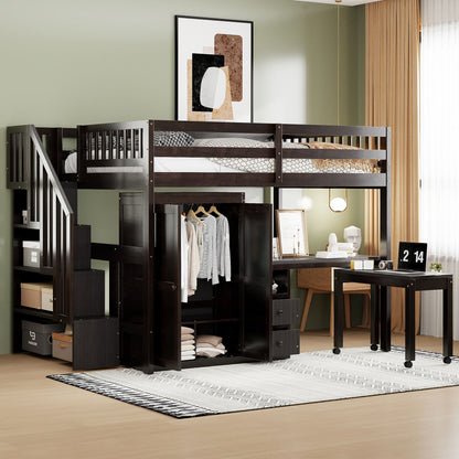 Full Size Loft Bed With Stairs, Bookshelf, Drawers, Desk & Wardrobe, Space Saving Multifunctional Furniture - Espresso