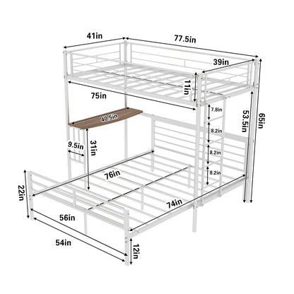 Twin Over Full Bunk Bed With Built In Desk & Guardrail Frame, No Box Spring Needed - White