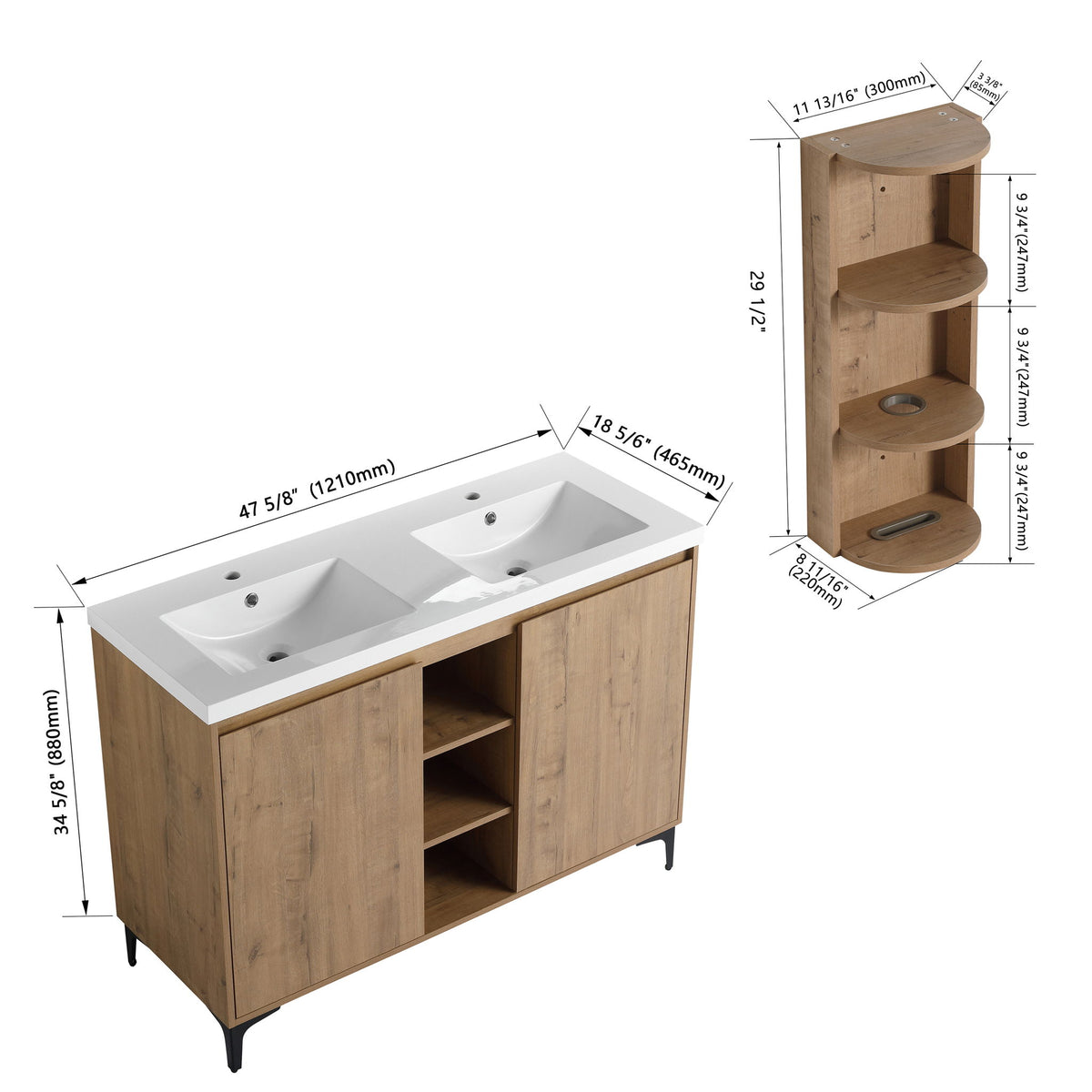 Elegant 48" Freestanding Bathroom Vanity With Double Resin Sink And Storage Rack Soft Close Doors - Imitative Oak