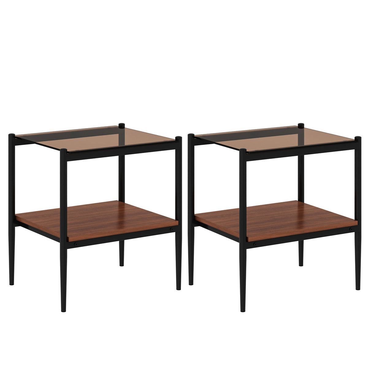 Modern Rectangle End Table (Set of 2) With Tempered Glass Tabletop And Layer - Brown