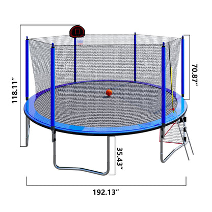 16Ft Trampoline With Basketball Hoop Pump And Ladder (Inner Safety Enclosure) With Soccer Goal - Blue