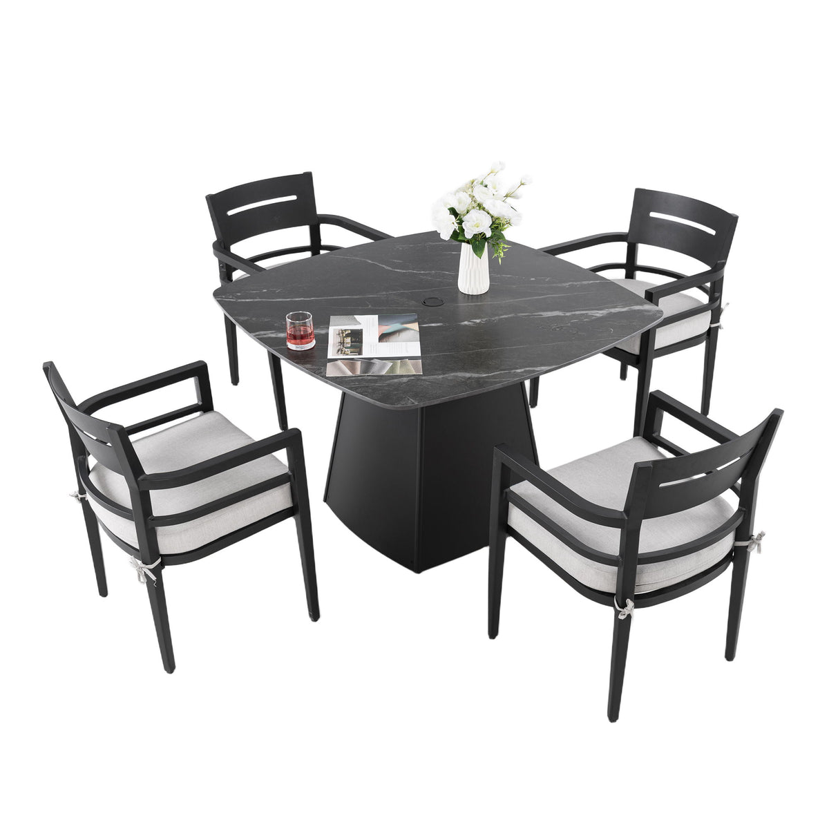 Outdoor Patio Dining Set, Squircle Dining Table, Dining Chairs With Sunbrella Cushions