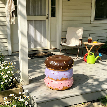 Stacked Donut Stool With Sprinkles Detail, Figurine Seat For Indoor Outdoor Decor - Light Natural