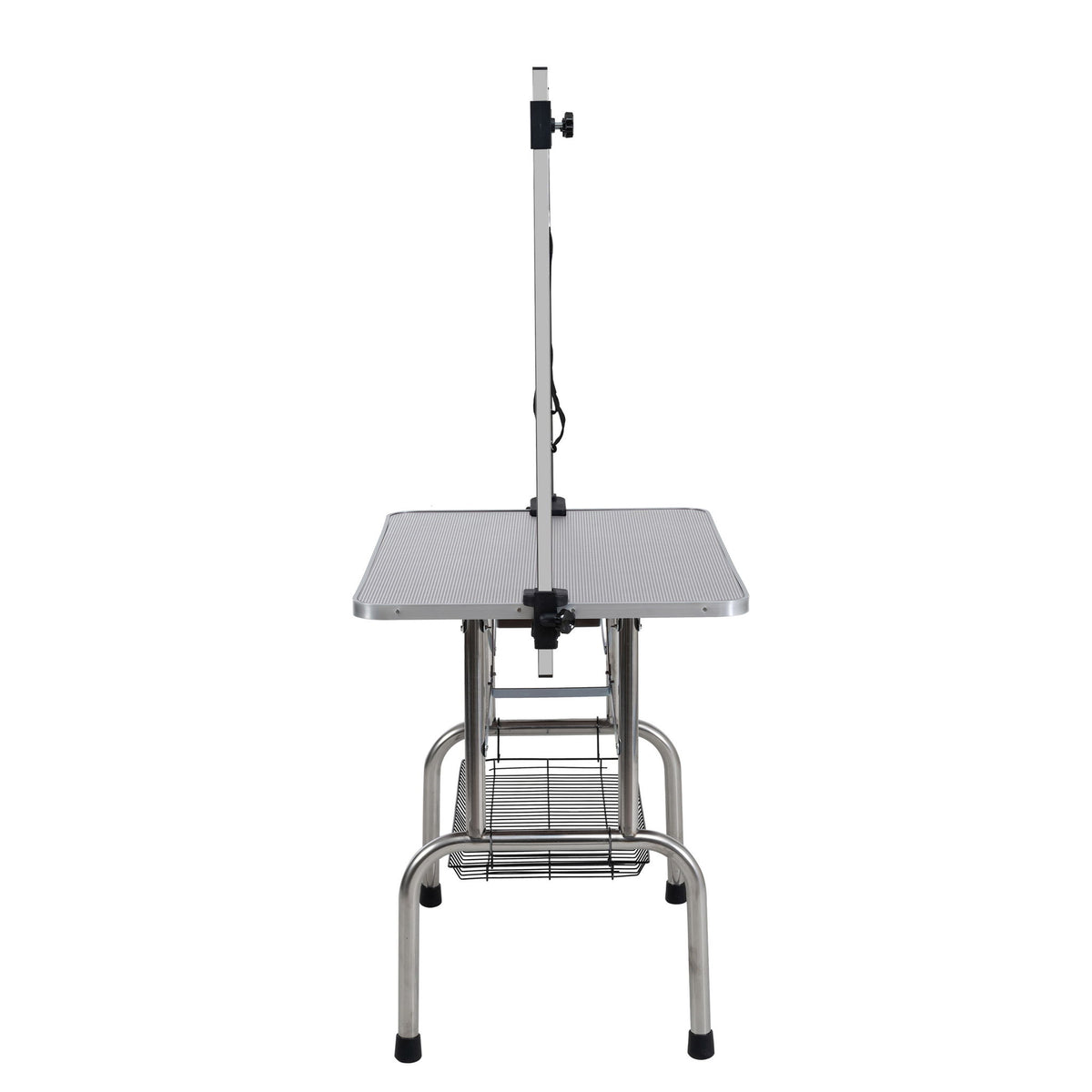 Mesa de aseo plegable para perros y gatos con marco de acero inoxidable y alfombrilla de goma integrada, brazo ajustable y abrazaderas.