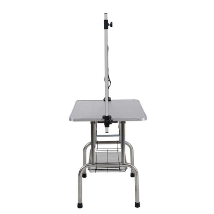 Mesa de aseo plegable para perros y gatos con marco de acero inoxidable y alfombrilla de goma integrada, brazo ajustable y abrazaderas.