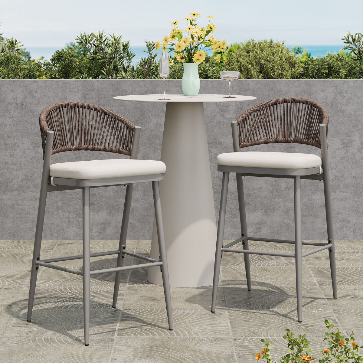 Outdoor Bar Height Metal Frame Counter Stools With Scallop Shaped Backrest & Water Resistant Cushions