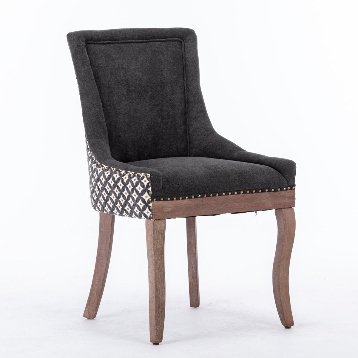 Silla de comedor Ultra Side, de tela gruesa con patas de madera maciza en tonos neutros y tachuelas de bronce (juego de 2)