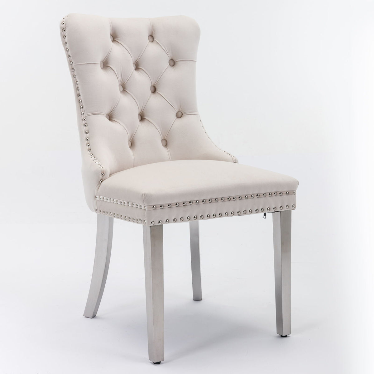 Nikki - Silla de comedor moderna y de alta gama, de madera maciza capitoné, tapizada en terciopelo, con patas de acero inoxidable cromado y ribete de tachuelas (juego de 2)