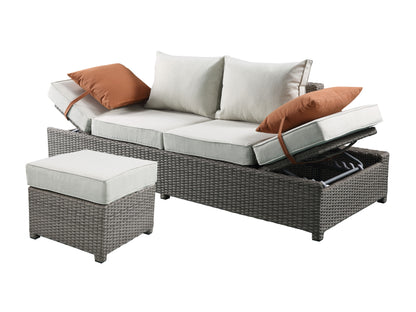 Salena - Sofá de mimbre para patio, otomana y dos cojines, para todo tipo de clima, beige/gris