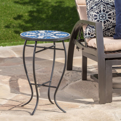 Outdoor Round Side Table With Mosaic Style Top And Curved Iron Legs - Blue / Matte Black