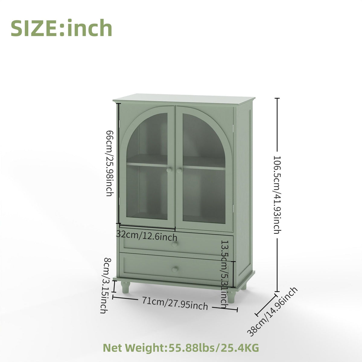 Mint Green Farmhouse Storage Cabinet, Arched Tempered Glass Door Buffet Sideboard With Tiered Top, 2‑Drawer Pantry Cabinet For Kitchen Dining Living Room Entryway Coffee Bar