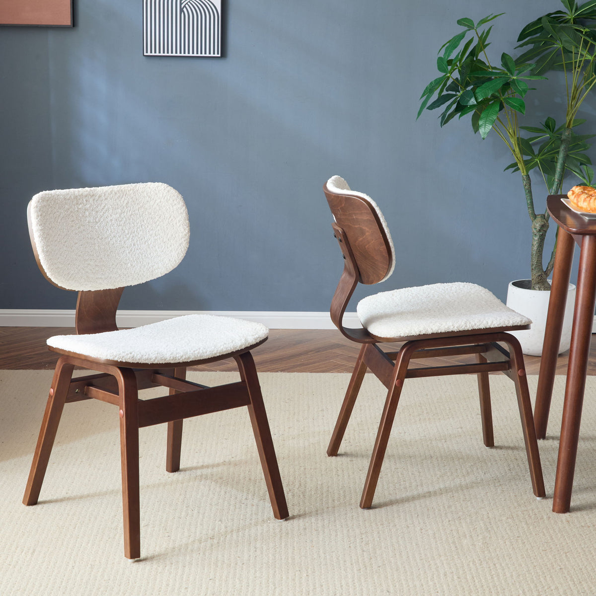 Modern Boucle Fabric Upholstered Side Chair, Bentwood Frame - White / Walnut