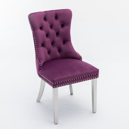 Nikki - Silla de comedor moderna y de alta gama, de madera maciza capitoné, tapizada en terciopelo, con patas de acero inoxidable cromado y ribete de tachuelas (juego de 2)
