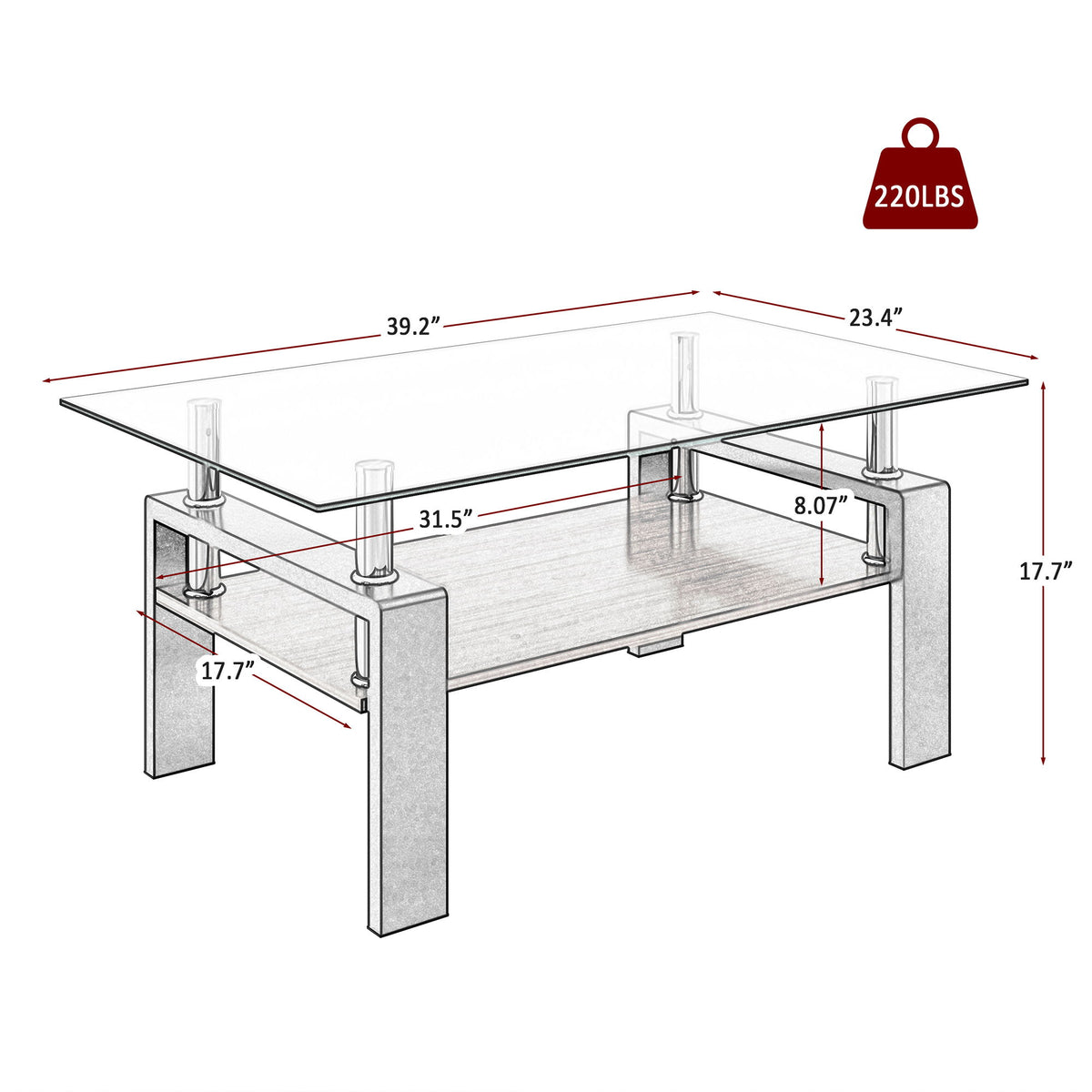 Modern Rectangular Coffee Table With Tempered Glass Top Layer, Table For Living Room - Transparent