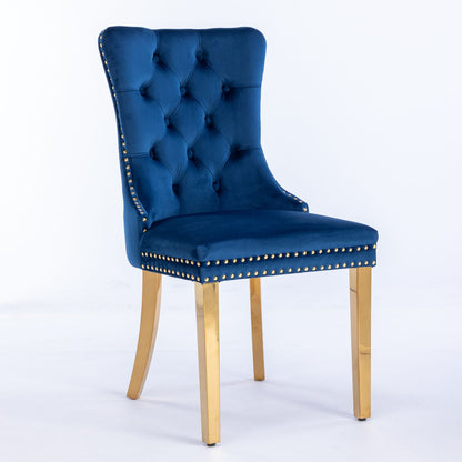 Nikki - Silla de comedor moderna y de alta gama, de madera maciza capitoné, tapizada en terciopelo, con patas de acero inoxidable dorado y ribete de tachuelas (juego de 2)