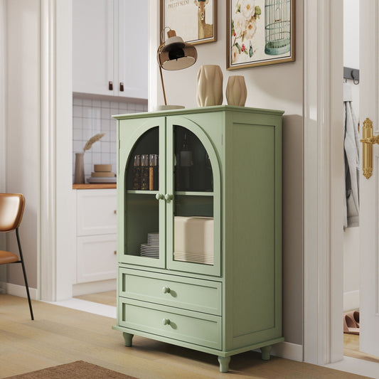 Mint Green Farmhouse Storage Cabinet, Arched Tempered Glass Door Buffet Sideboard With Tiered Top, 2‑Drawer Pantry Cabinet For Kitchen Dining Living Room Entryway Coffee Bar
