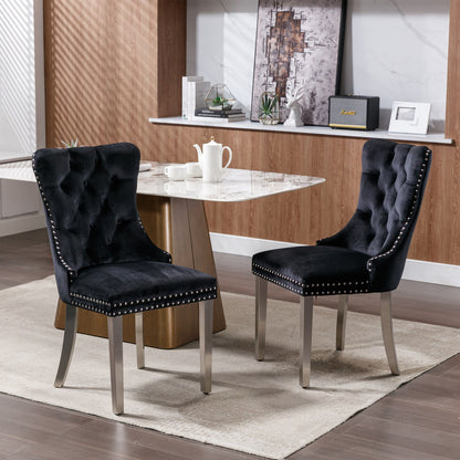 Nikki - Silla de comedor moderna y de alta gama, de madera maciza capitoné, tapizada en terciopelo, con patas de acero inoxidable cromado y ribete de tachuelas (juego de 2)