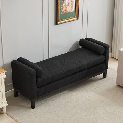 Elegant Upholstered Bench, Daybed, Ottoman With Wood Legs & 2 Bolster Pillows - Black Boucle