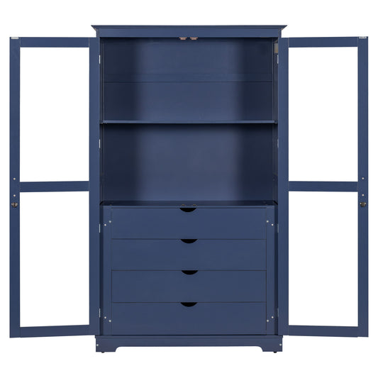 Kitchen Pantry, Freestanding Kitchen Storage Cabinet Display Cabinet With Glass Doors And 4 Built In Drawers For Living Room, Home Office - Blue