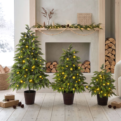 3 Piece Pre Lit Christmas Tree Set With Warm Glowing LED Lights, Sturdy Potted Base, Full Cascading Branches - Green