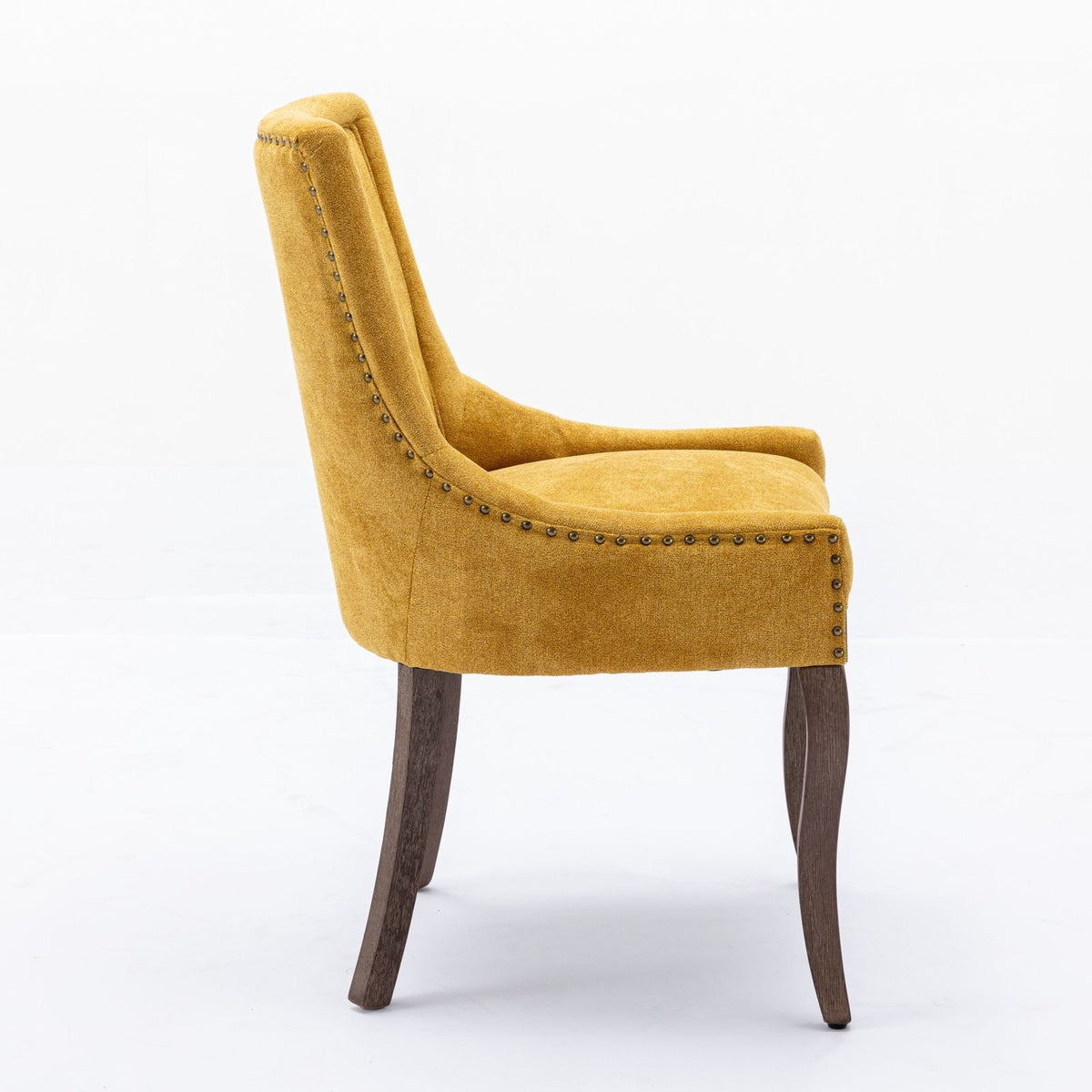 Silla de comedor Ultra Side, de tela gruesa con patas de madera maciza en tonos neutros y tachuelas de bronce (juego de 2)