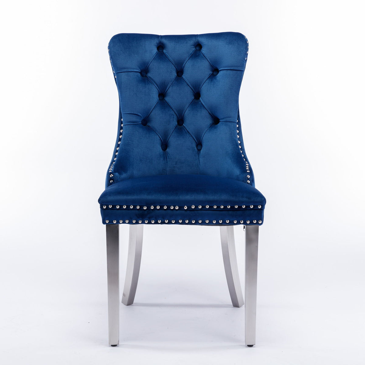 Nikki - Silla de comedor moderna y de alta gama, de madera maciza capitoné, tapizada en terciopelo, con patas de acero inoxidable cromado y ribete de tachuelas (juego de 2)