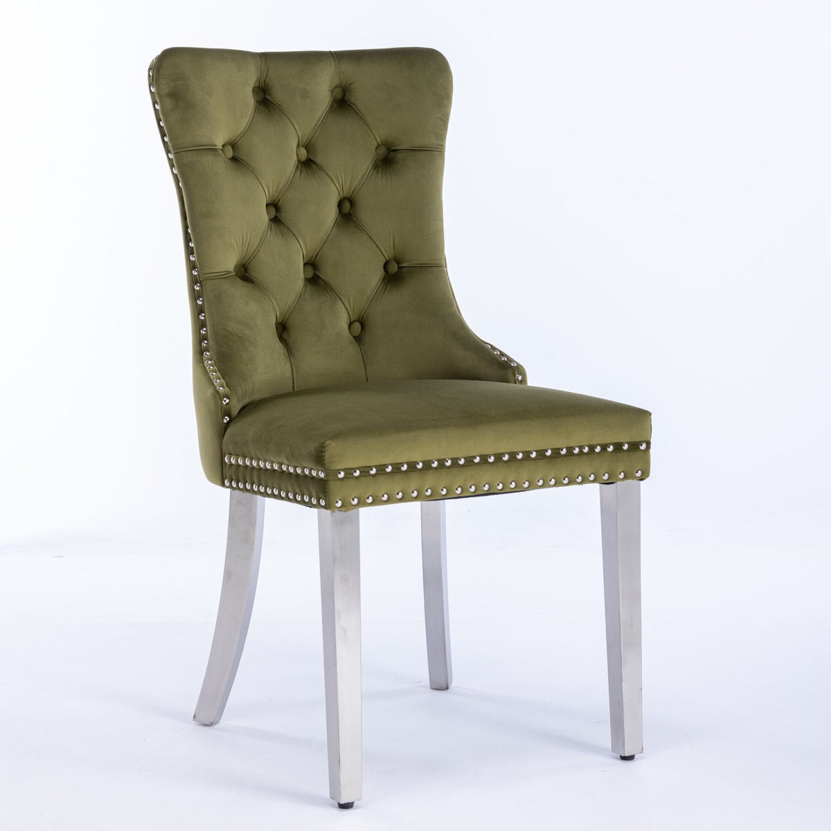 Nikki - Silla de comedor moderna y de alta gama, de madera maciza capitoné, tapizada en terciopelo, con patas de acero inoxidable cromado y ribete de tachuelas (juego de 2)