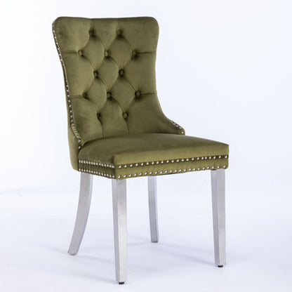 Nikki - Silla de comedor moderna y de alta gama, de madera maciza capitoné, tapizada en terciopelo, con patas de acero inoxidable cromado y ribete de tachuelas (juego de 2)