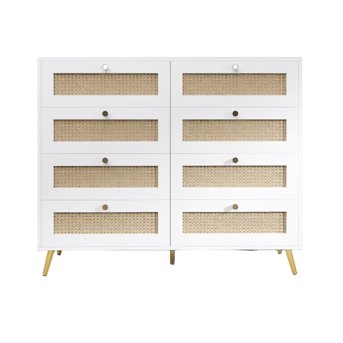 8 Drawers Chest Of Drawers With Rattan Drawer Face Golden Legs And Handles - White
