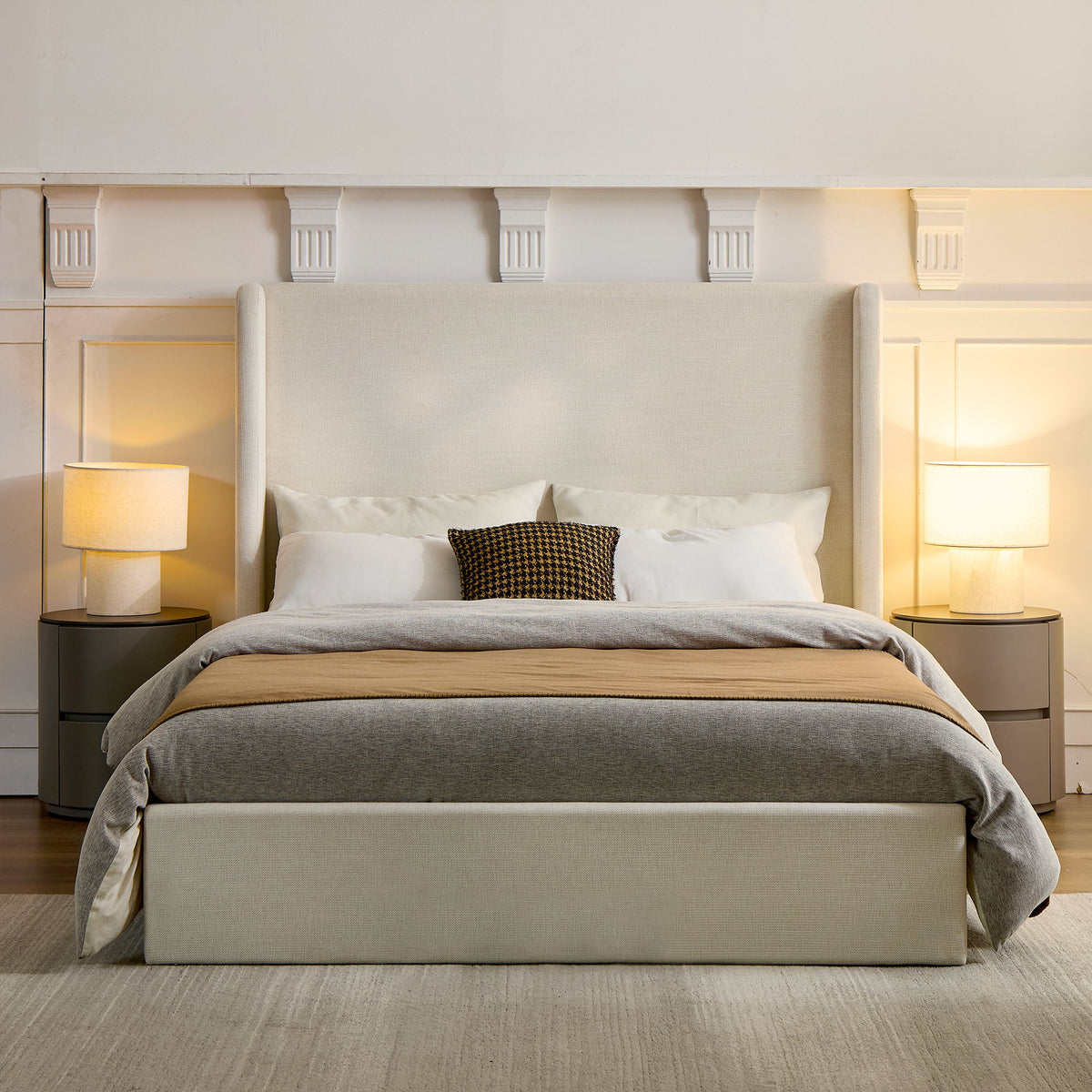 Caron - King Size Upholstered Wingback Bed With High Headboard - Ivory