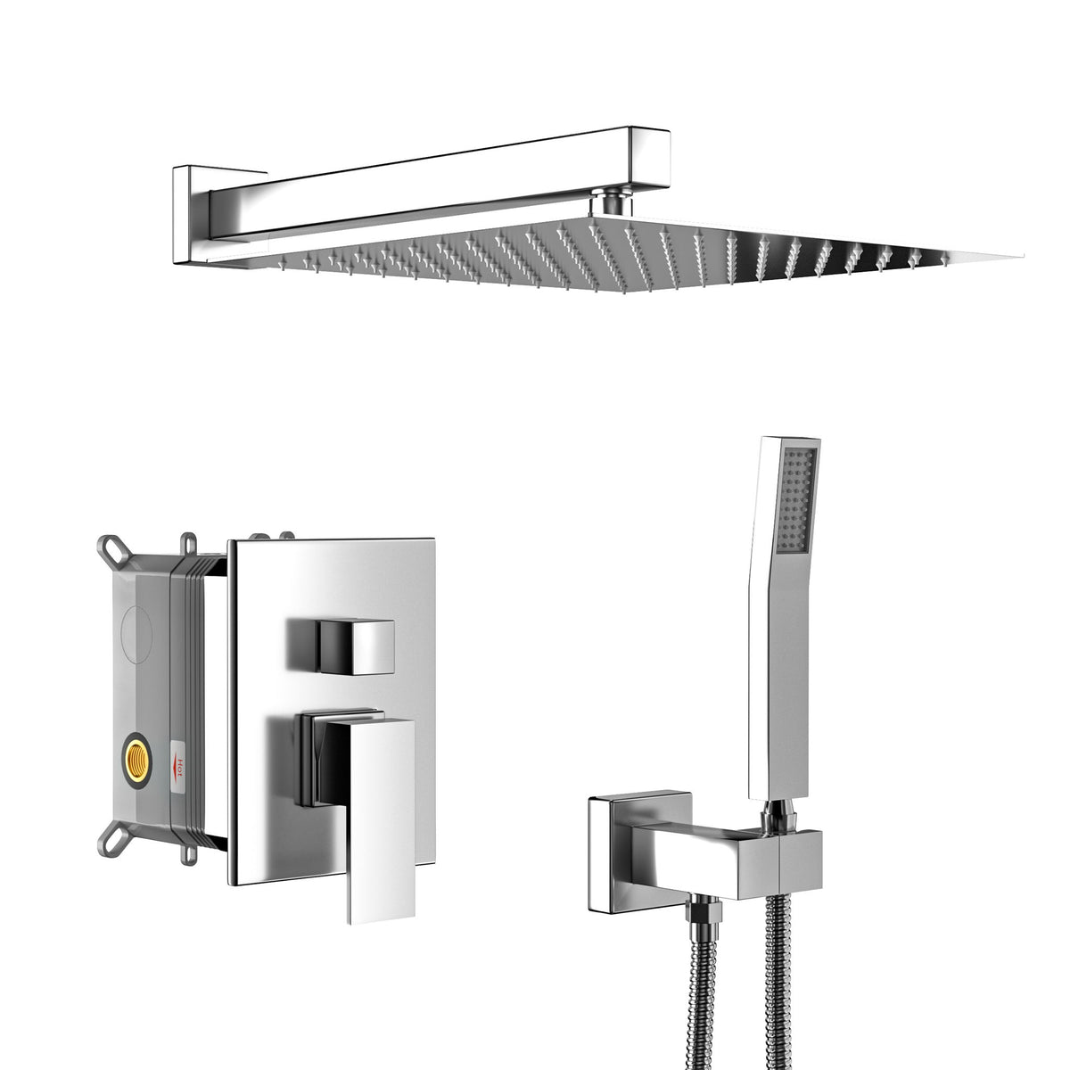 Dual Shower Head System With 12" Square Rain Shower And Rough In Valve