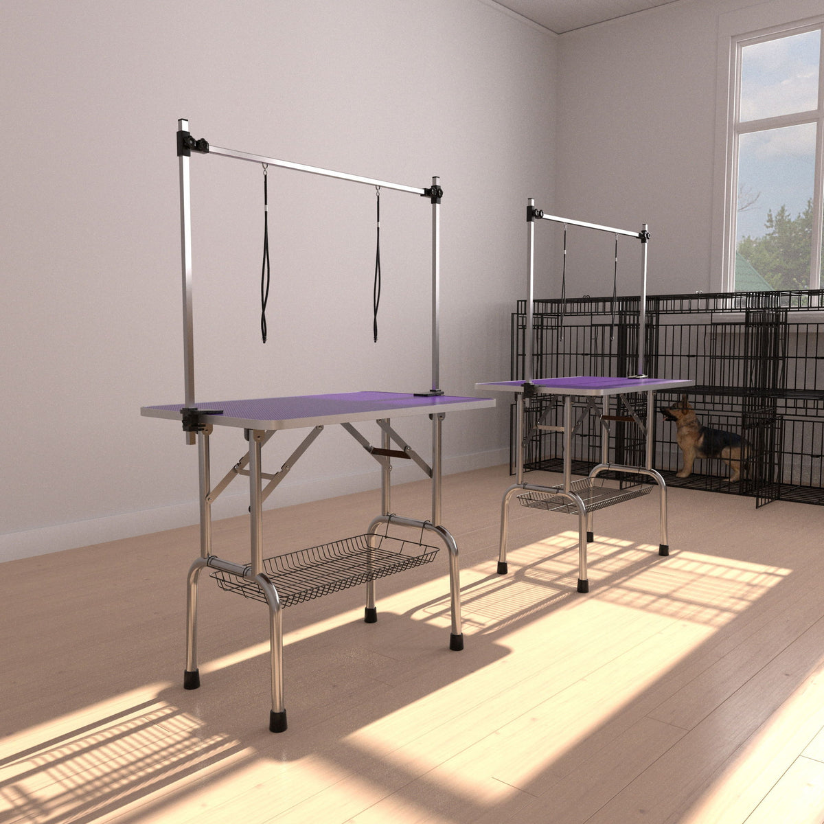 Mesa de aseo plegable para perros y gatos con marco de acero inoxidable y alfombrilla de goma integrada, brazo ajustable y abrazaderas.