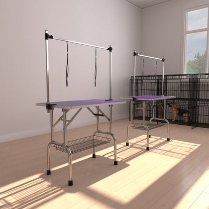 Mesa de aseo plegable para perros y gatos con marco de acero inoxidable y alfombrilla de goma integrada, brazo ajustable y abrazaderas.
