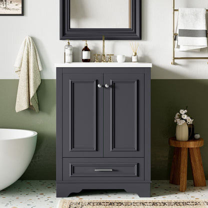 Mueble de baño con lavabo de cerámica, armario de almacenamiento moderno independiente con tiradores plateados.