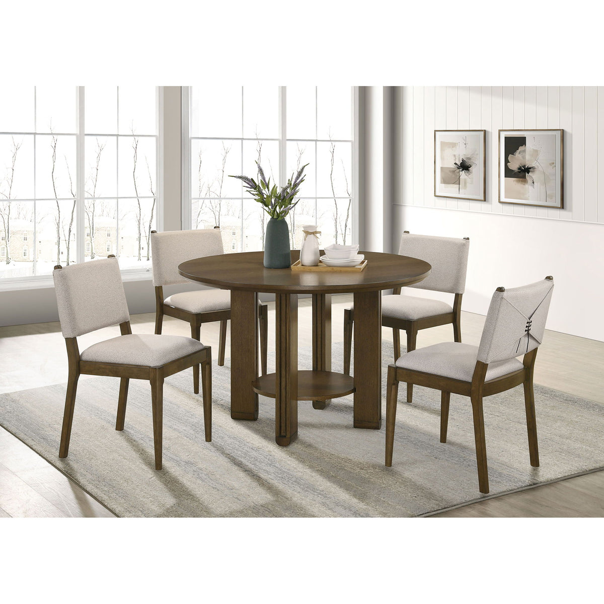 Crispin - 5 Piece Round Dining Table Set With Upholstered Chairs - Brown