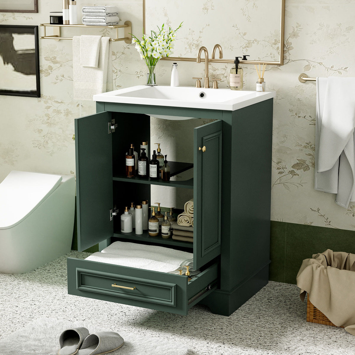 Mueble de baño con lavabo de cerámica, armario de almacenamiento moderno independiente con tiradores plateados.