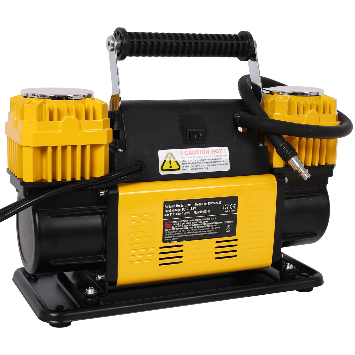 Heavy Duty 12V Dual Cylinder Air Compressor, Tire Inflator With Gauge - Yellow / Black