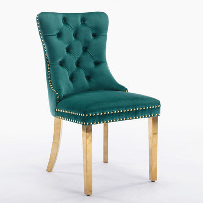 Nikki - Silla de comedor moderna y de alta gama, de madera maciza capitoné, tapizada en terciopelo, con patas de acero inoxidable dorado y ribete de tachuelas (juego de 2)