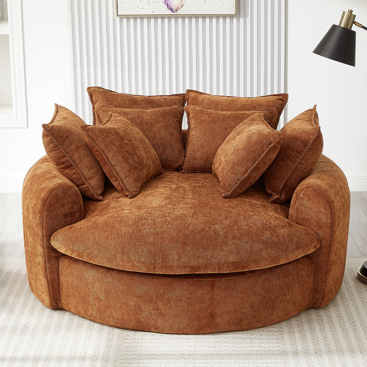 Boneless Round Chaise Sofa With Dual Layer Cushions And 8 Throw Pillows - Orange