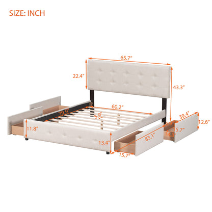 Queen Size Upholstered Platform Bed With Classic Headboard And 4 Drawers, No Box Spring Needed - Beige